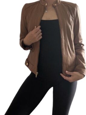 Cole Haan Cognac Faux Leather Moto Jacket